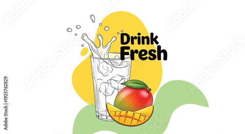 Fresh drink vector logo with mango and glass