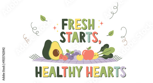 Healthy food typographic illustration with fresh produce