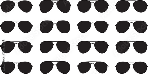 Sixteen black aviator sunglasses silhouettes with different frame details on a white background