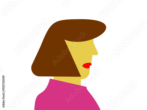 Ilustración de mujer blanca de pelo castaño. Vector color con estilo minimalista. Diseño de personaje de perfil.