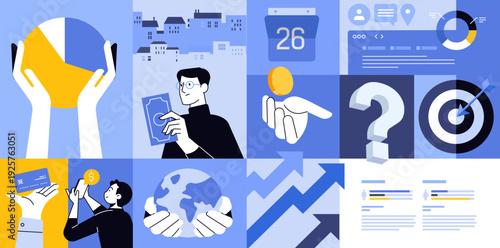 Business and Finance Mosaic Illustration Global Capital, Investment Growth and Strategic Planning Tile Art in Navy, Periwinkle and Citrus Yellow