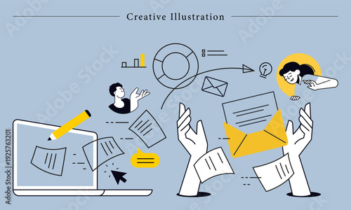 Creative Collaboration Illustration Team Meeting, Video Call and Brainstorming Scene with Laptop, Lightbulb and Speech Bubbles in Periwinkle and Yellow