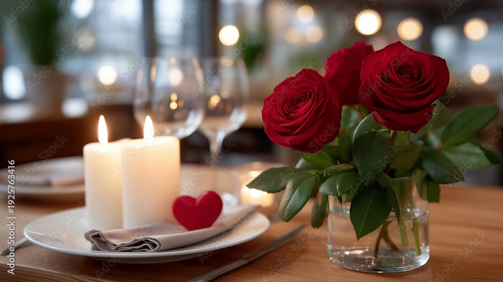 Obraz premium Valentine's Day romantic dinner table with red roses, candles, and heart decorations in a cozy restaurant, ideal for February holiday celebration, romantic lifestyle, love tradition, couples