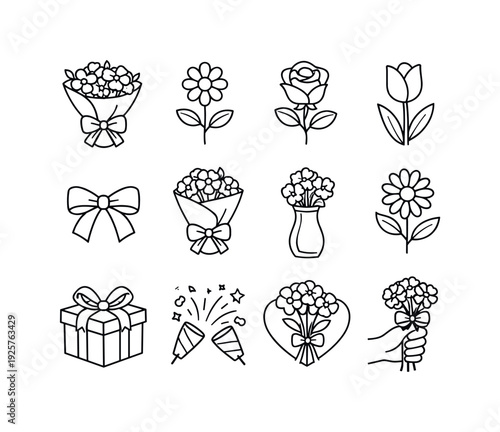 Line style vector icons of flower bouquet: bouquet, flower, rose, tulip; ribbon, wrap, vase, bloom; gift, present, celebration,