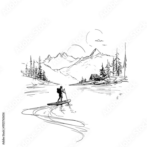 Sunrise Paddleboarder on Alpine Mountain Lake