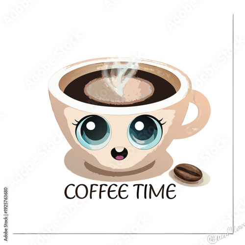 A cute coffee cup character enjoying its coffee time with a cheerful expression