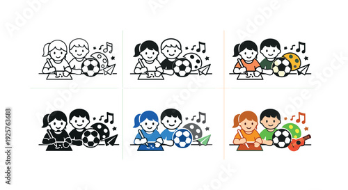 Children’s hobbies icon showing kids engaged in various playful and creative activities such as drawing, sports, and music, with