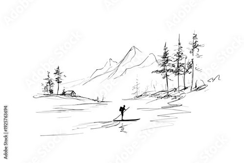 Sunrise Paddleboarder on Alpine Mountain Lake