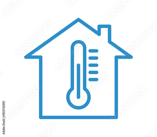 Home temperature, residence with thermometer symbol representing heating and cooling system control, climate regulation and indoor comfort management isolated on background flat vector illustration.