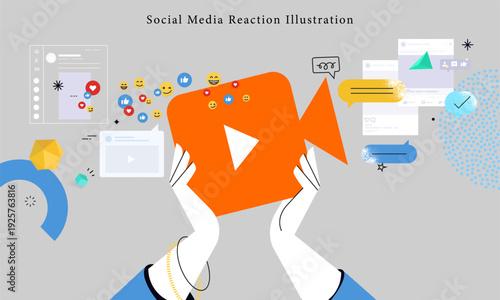 Social Media Reaction Illustration Hands Holding Video Camera with Hearts, Thumbs Up and Laughing Emojis for Digital Engagement Concepts