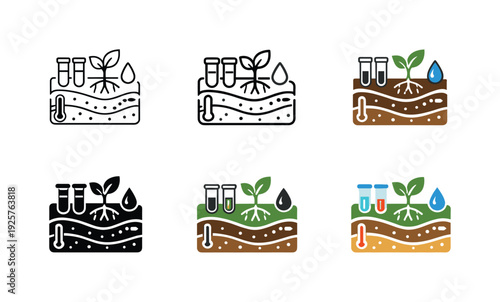 Soil quality monitoring icon showing stylized soil layers, test tubes, plants, and measurement symbols representing agricultural