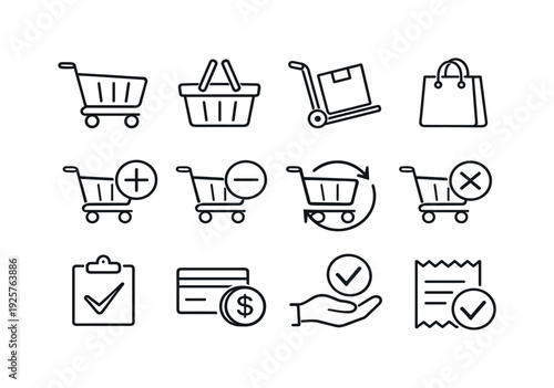 Line style vector icons of shopping cart: cart, basket, trolley, bag; add, remove, update, clear; checkout, pay, confirm, receipt