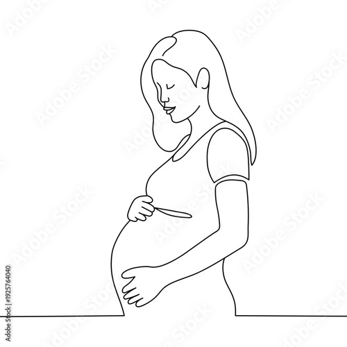 Outline of the profile of a pregnant woman gently holding her belly in one line