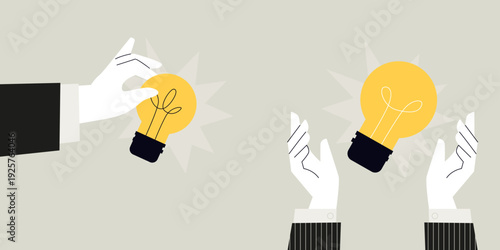 Idea and Inspiration Set Hand Plucking and Cradling Glowing Lightbulbs for Innovation, Creativity and Business Strategy in Charcoal and Citrus Yellow