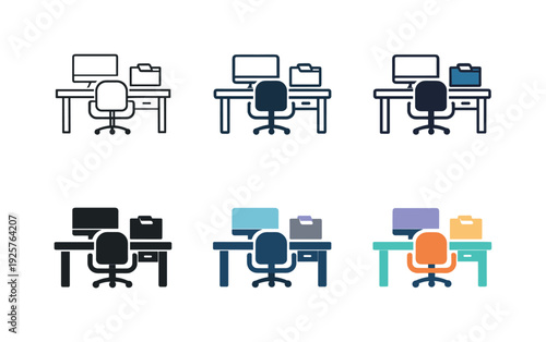 Administrative tasks icon showing a stylized desk, computer monitor, office chair, and file folder representing office work,