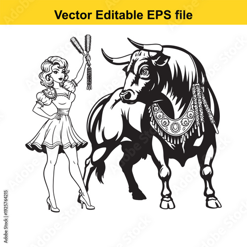 Bull and Matador Woman Black and White Illustration