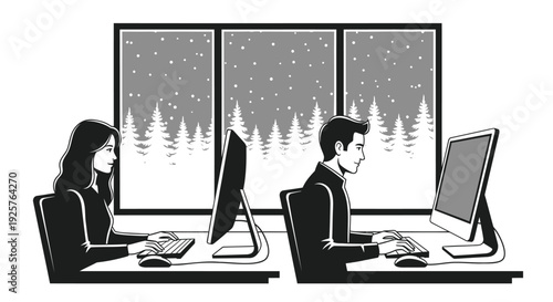 Black and white office workers at desks with computers