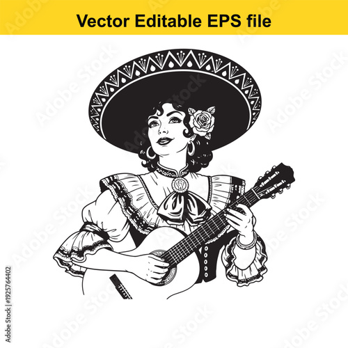 Spanish Dancer Woman Playing Guitar Illustration - Vector Art