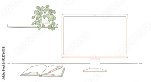 Minimalist home office desk setup with computer, book, and plant