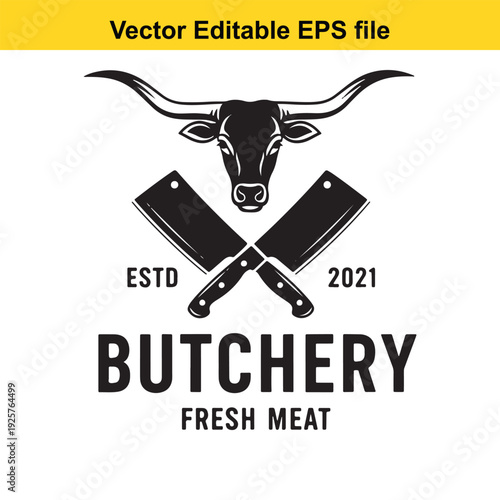 Bull Head Butchery Logo with Knives - Vector Illustration