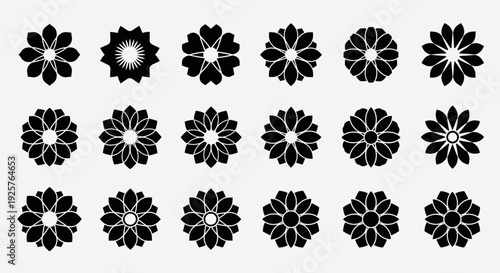 Set of minimalist flower icons in solid black silhouette style.