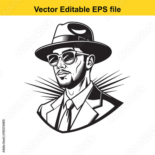Secret Agent Man Illustration with Sunglasses and Hat - Vector