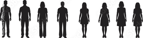 Silhouettes of men and women standing in a row, representing gender diversity, demographics, equality, and group identity for creative design, illustration, and commercial use