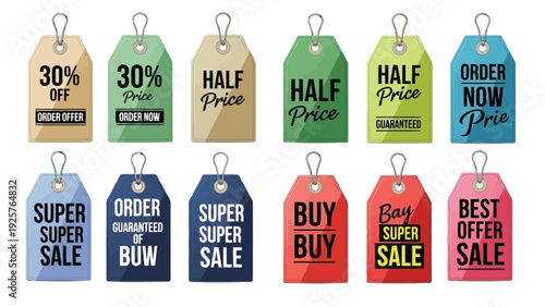 Colorful assortment of price tags and labels for retail products