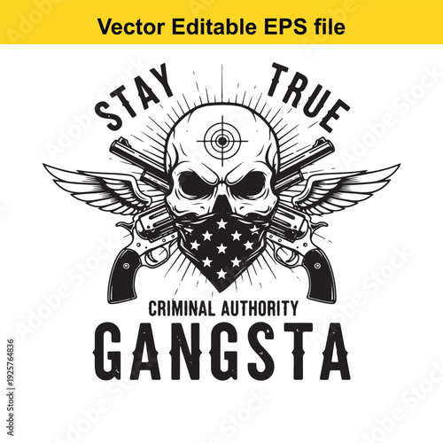 Gangsta Skull Vector Design with Guns and Wings