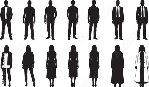 Sixteen human silhouettes arranged in two rows, featuring male and female figures in varied clothing styles and postures for demographic, fashion, and educational design concepts