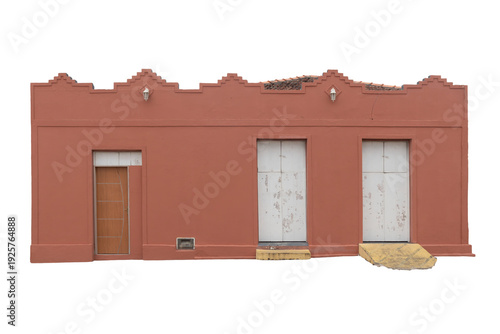 Rustic terracotta-colored house with white doors and a transparent background, perfect for Mediterranean and country house architectural concepts.