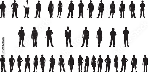 Thirty human silhouettes arranged in three rows, showcasing diverse male and female figures with varied postures and body shapes for anatomy, design, fashion, and diversity studies