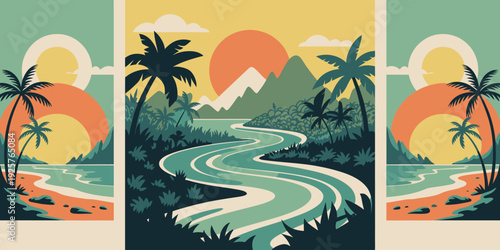 Tropical River Paradise poster, winding turquoise water with dark green palm lined banks