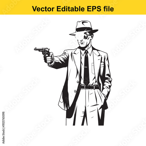 Black and White Detective Man with Gun Vector Illustration