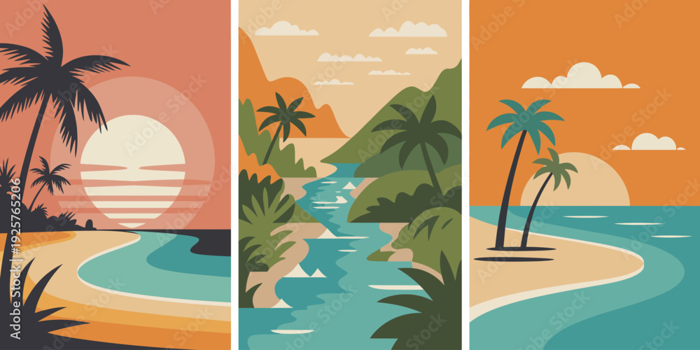 Obraz premium Palm Tree Horizontal Triptych poster set, retro coastal artwork with layered pastel sunset tones