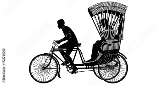 A black silhouette depicts a rickshaw and its driver with a passenger