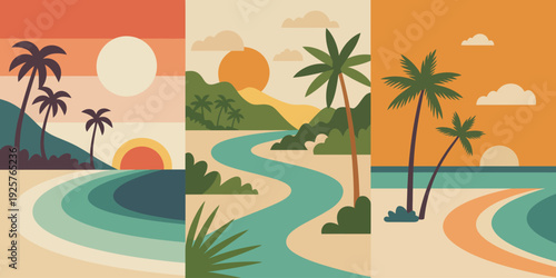 Palm Tree Horizontal Triptych poster, coral pink cream turquoise and olive green silhouette design