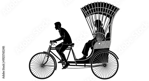 Silhouette of a rickshaw puller transporting passengers on a three wheeled vehicle