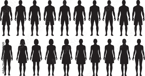 Twenty human silhouettes arranged in two rows, featuring twelve male and eight female figures in distinct clothing styles and postures for demographic, fashion, and educational concepts