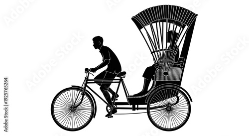 Black silhouette of a rickshaw with a driver and passenger in profile