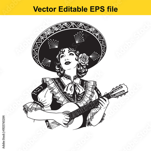 Mexican Woman Guitarist Sombrero Illustration - Vector Design