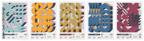 Color pastel vector trendy simple modern isometric mosaic pattern, composition of 3D elements, A4 bold minimalistic poster, Postmodern abstract geometric ornament in brutalism aesthetics, set 2