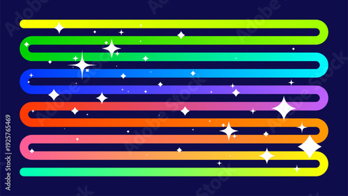 Dynamic continuous multicolor gradient swirling stripe and whites sparkling stars symbols, geometric smooth neon curved shape, long rainbow ribbon with shifting bright colors, HD vector graphic