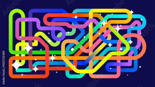 Dynamic long rainbow ribbon with shifting bright colors, continuous multicolor gradient swirling stripe and whites sparkling stars symbols, HD vector graphic, geometric smooth neon curved line