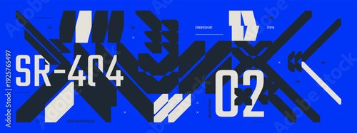 Flat futuristic background with brutalism shapes, technology Hi Tech y2k ornament, Abstract blue cyberpunk banner with future tech geometric elements in Ski Fi style, Cyberspace gaming dashboard