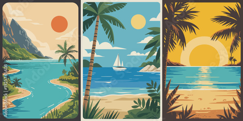 Coastal Sailboat Triptych poster, red sun coastline with turquoise sea and bright yellow sun sailing scene