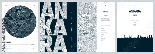 Set of travel posters with Ankara, capital of Turkey, detailed urban street plan city map, Silhouette city skyline, vector artwork