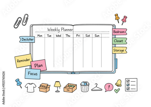 Open weekly planner spread, tabbed notebook pages, paper clips and sticky notes, small reminder icons for Room declutter plan