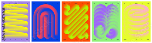 Vector minimalistic posters with twisted volumetric line, Colorful iridescent color wavy shape, Dynamic multicolored gradient line and loops, Geometric background neon curved form set 3