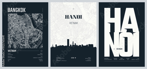 Set of travel posters with Hanoi, Vietnam, detailed urban street plan city map, Silhouette city skyline, vector artwork, set 2